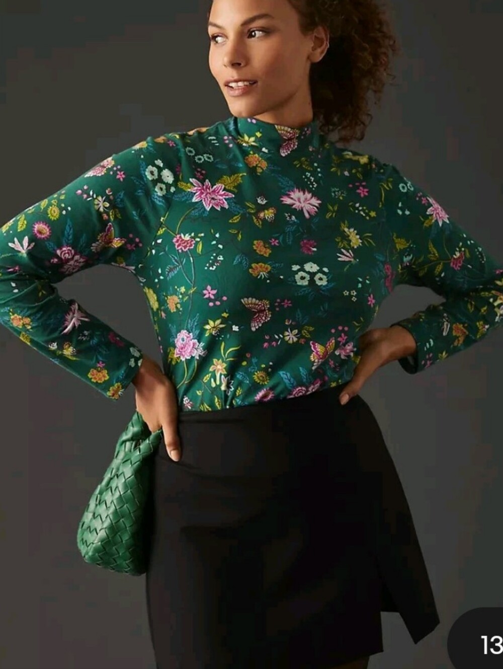 NEW Women's Anthropologie Green Floral Turtleneck Maeve Small